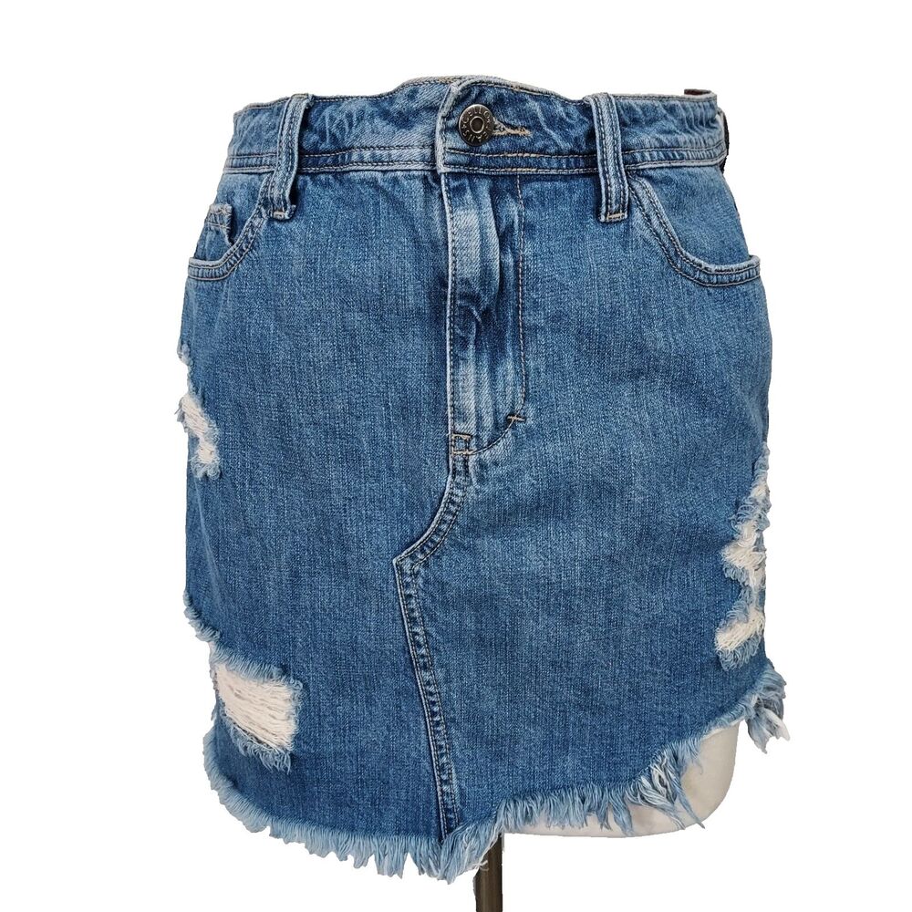 Cello Jeans Distressed Blue Denim Mini Skirt Raw Hem Size Large Destroyed